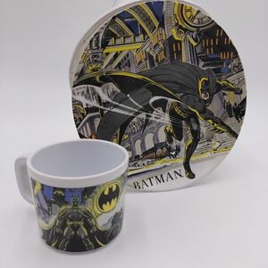 Zak Vtg 90s DC Batman Plastic Kids Plate & Cup Rare No Cracks Cartoon Mornings
